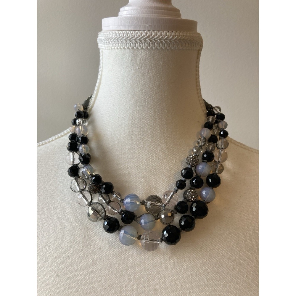 Multi Strand Beaded Necklace Black & Gray Faceted Beads Bib Rhinestone Statement
